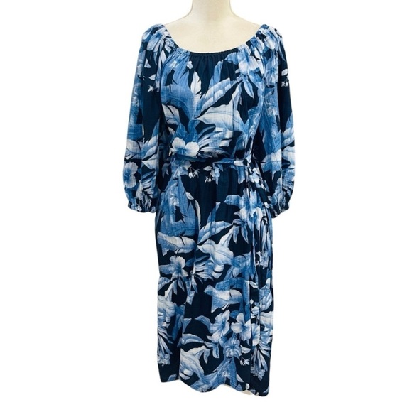 TOMMY BAHAMA DAYBREAK HIBISCUS MEDIUM OFF SHOULDER DRESS 100% COTTON NAVY $178 - Picture 4 of 14